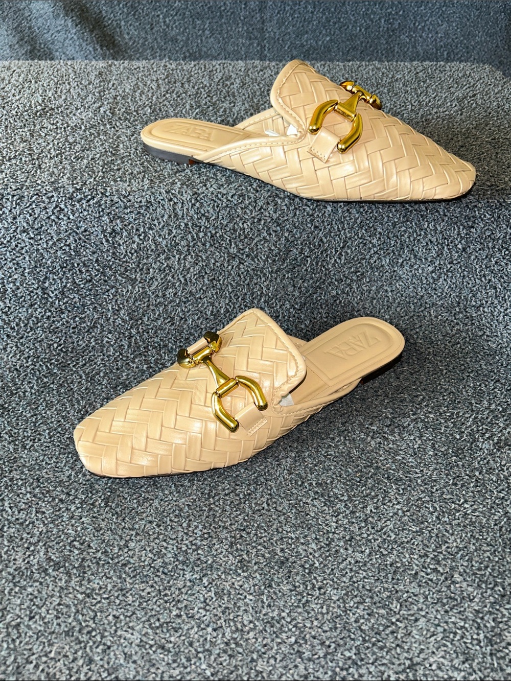 Zara Woven Cream Slip-On Mules with Gold Hardware